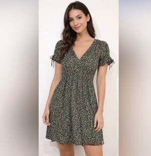 Olivaceous Ditsy Floral V-Neck Mini Dress Smocked Waist Cottagecore L